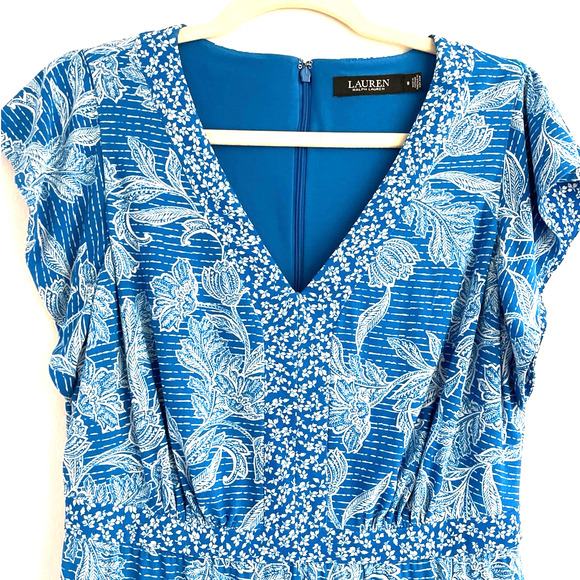 Lauren Ralph Lauren Jersey Knit Floral Flutter Cap V-Neck Tiered Midi Dress 8 - Picture 7 of 11